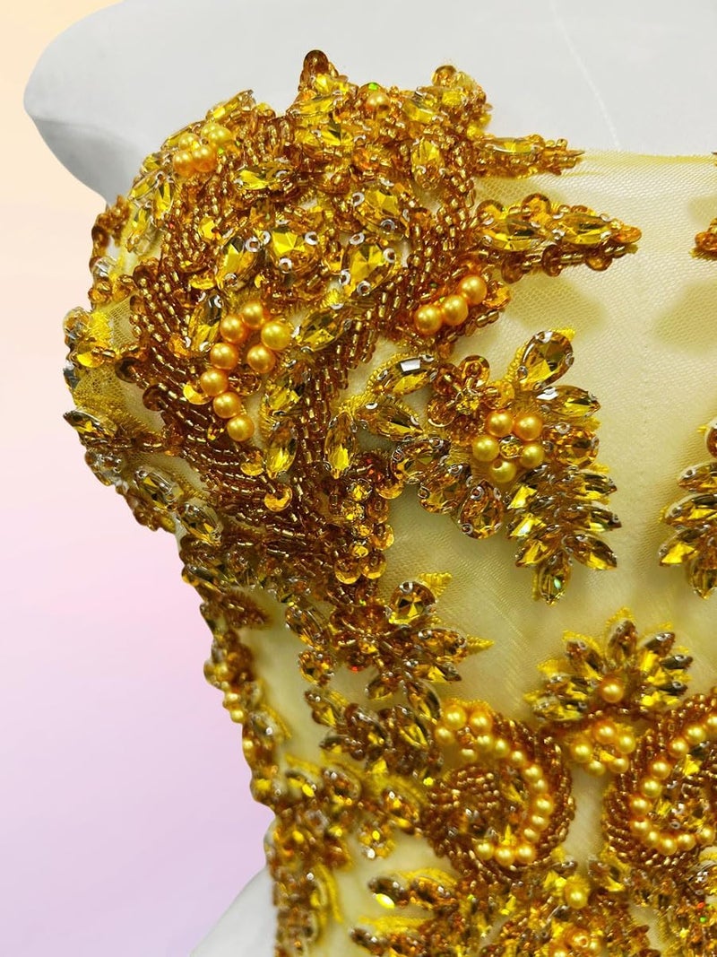 ArtistryXB Handmade Rhinestones Lace Bodice Applique Sew on Beads Sequins Trimming Patches for Dress Clothing Accessories 1Pcs/Bag (Gold) - Image 5